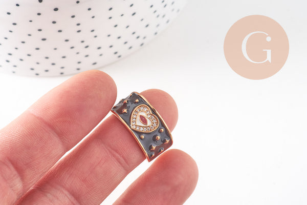 Bague réglable laiton doré émail noir oeil protecteur 18mm, x1 (G4249)