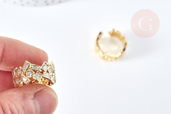 Bague réglable laiton doré géométrique zircon 18.5mm, x1 (G8349)