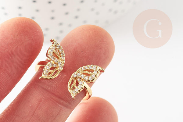 Bague réglable laiton doré papillon zircon 17.1mm, x1 (G4354)