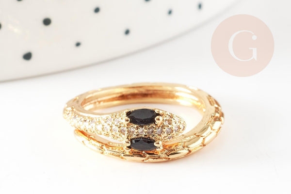 Bague réglable laiton doré serpent zircon noir 17mm, x1 (G4360)