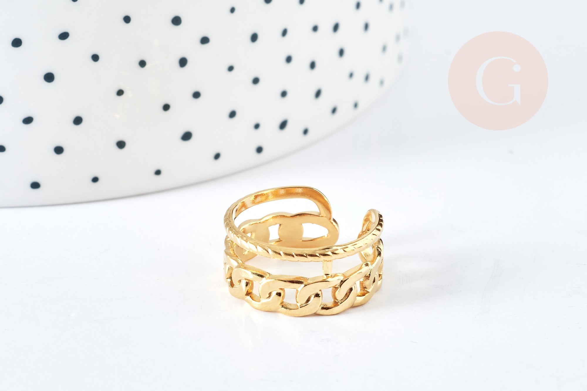 Bague réglable large chaine acier doré 304 inoxydable IP taille 54, x1 (G8470)