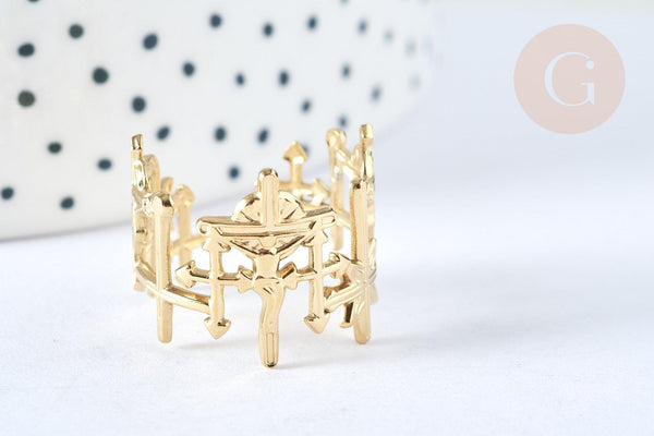 Bague réglable large croix acier inoxydable doré 304 Taille 57, x1 (G7010)