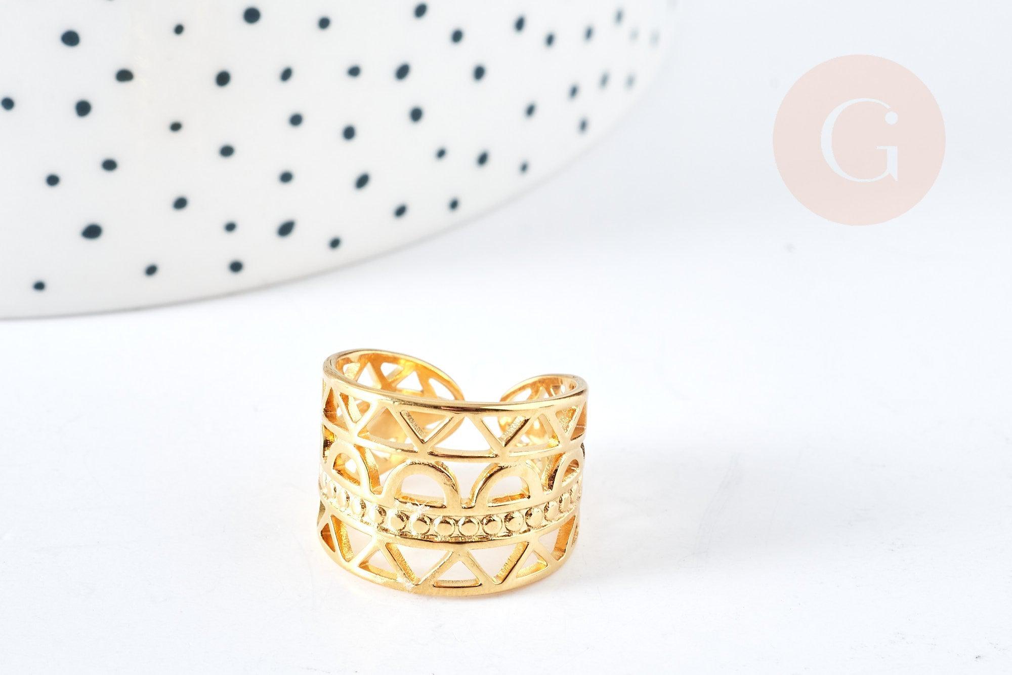 Bague réglable large ethnique acier doré 304 inoxydable IP taille 54, x1 (G8465)