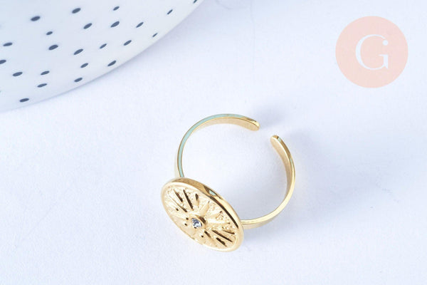 Bague réglable médaille soleil cristal acier doré Taille 54, x1 (G6408)