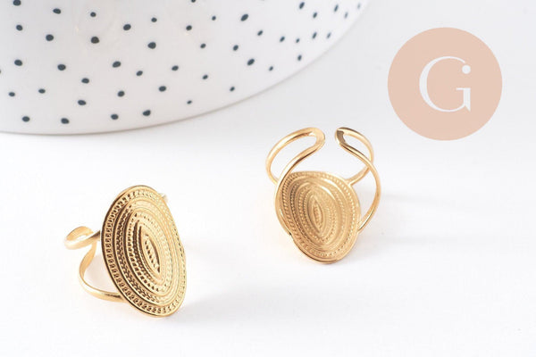 Bague réglable ovale texturée acier 304 inoxydable doré Taille 54, x1 (G10351)