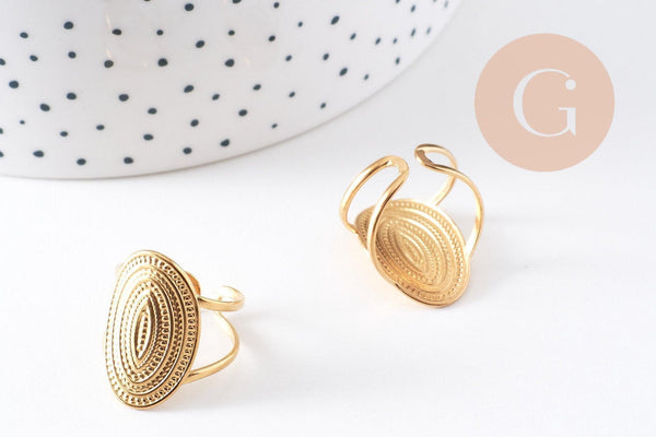 Bague réglable ovale texturée acier 304 inoxydable doré Taille 54, x1 (G10351)