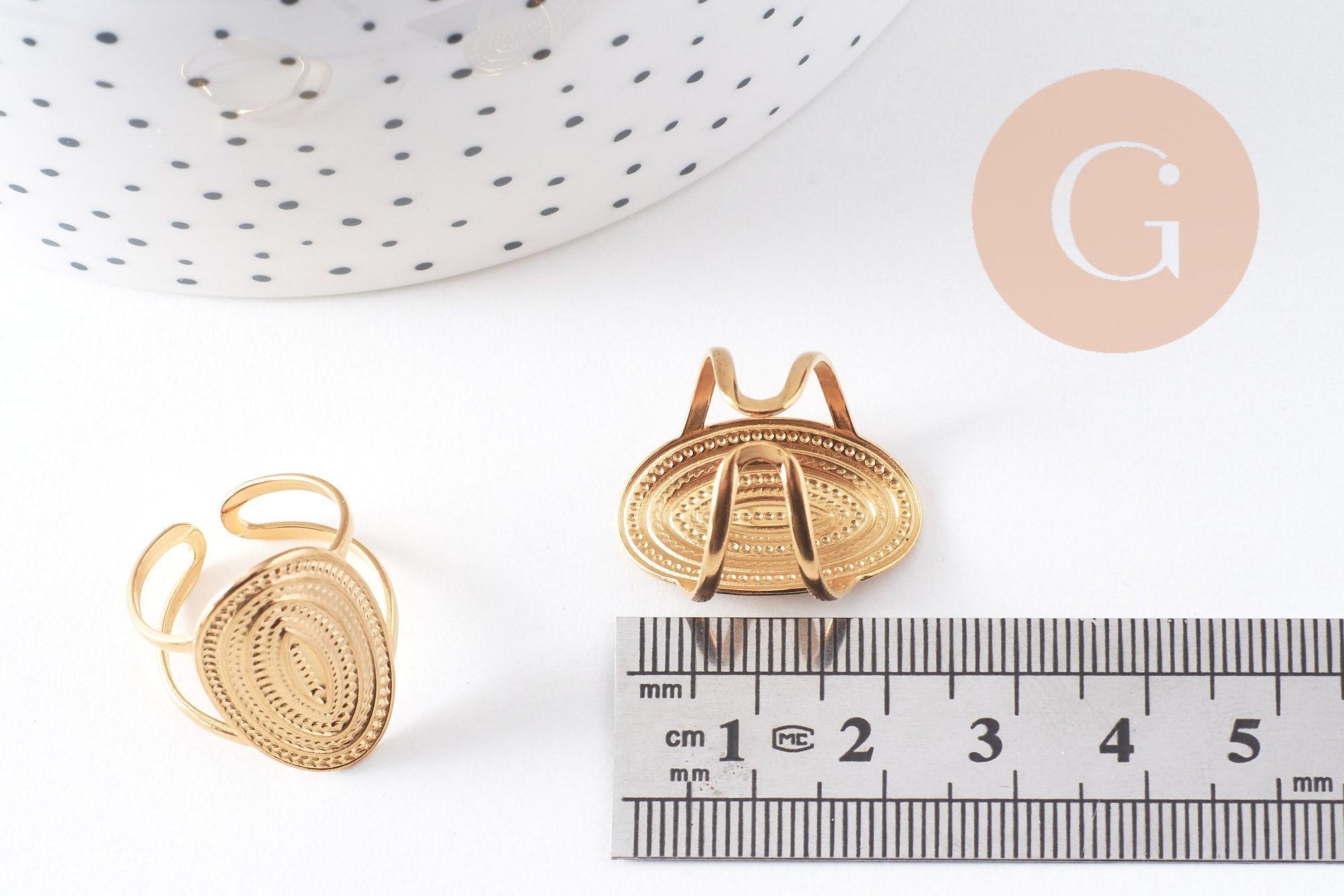 Bague réglable ovale texturée acier 304 inoxydable doré Taille 54, x1 (G10351)