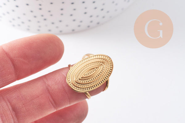 Bague réglable ovale texturée acier 304 inoxydable doré Taille 54, x1 (G10351)