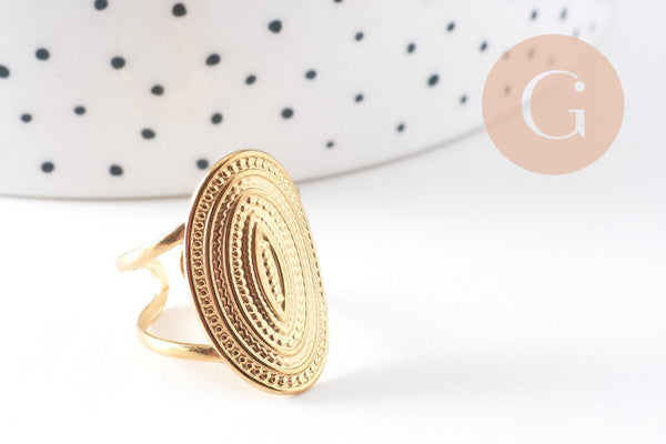 Bague réglable ovale texturée acier 304 inoxydable doré Taille 54, x1 (G10351)
