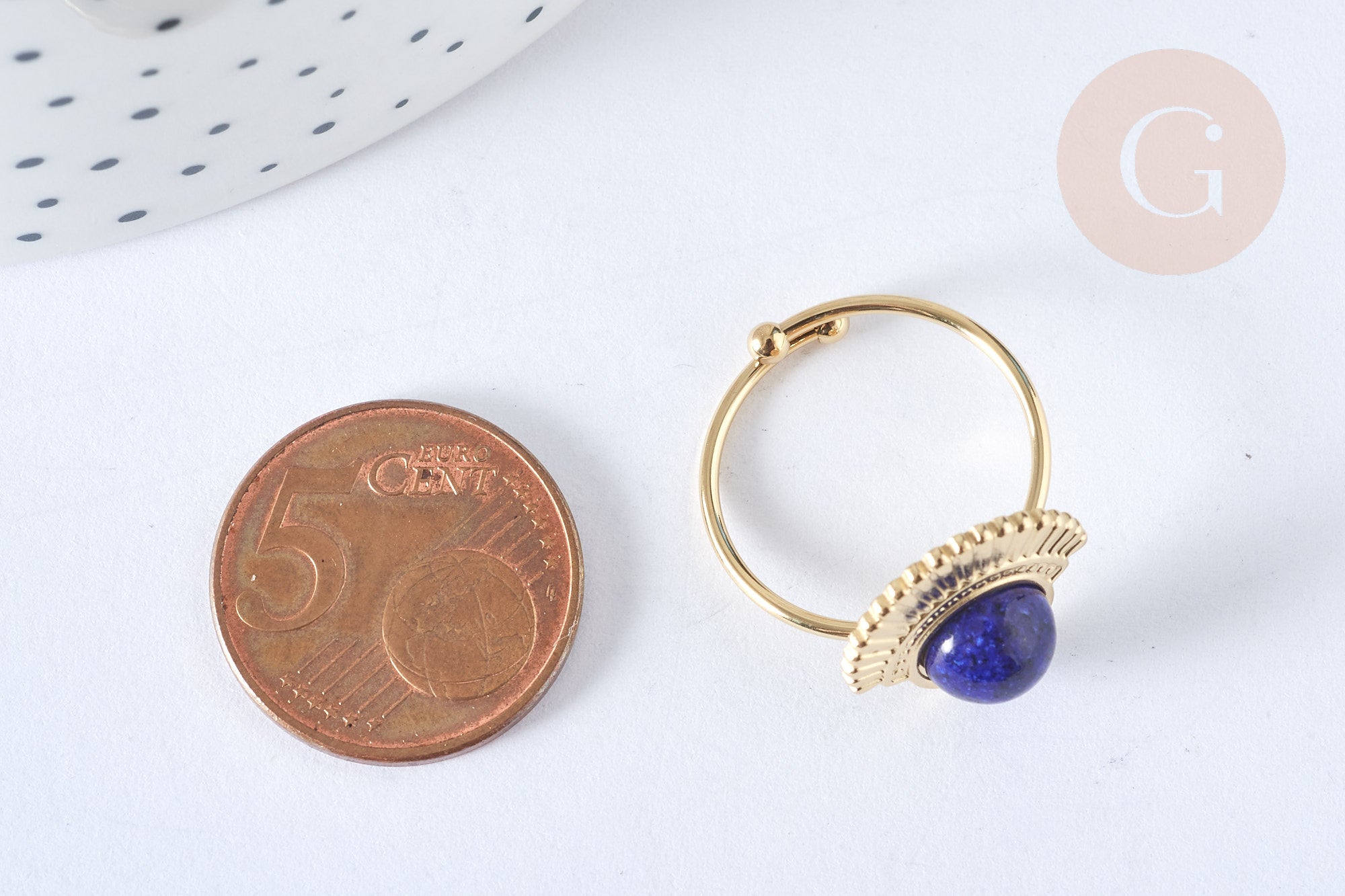 Bague réglable pierre de synthèse bleue acier inoxydable doré Taille 54, x1 (G7023)