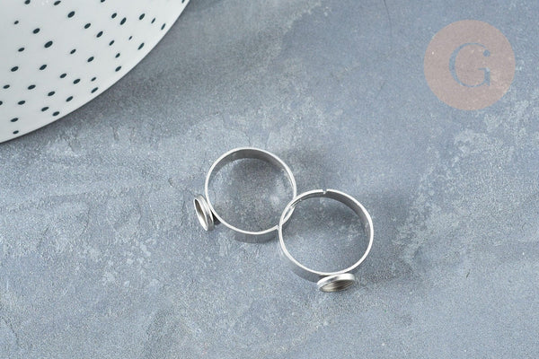 Bague réglable pour cabochon 6mm en acier platine inoxydable 17-18mm, x2 (G8227)