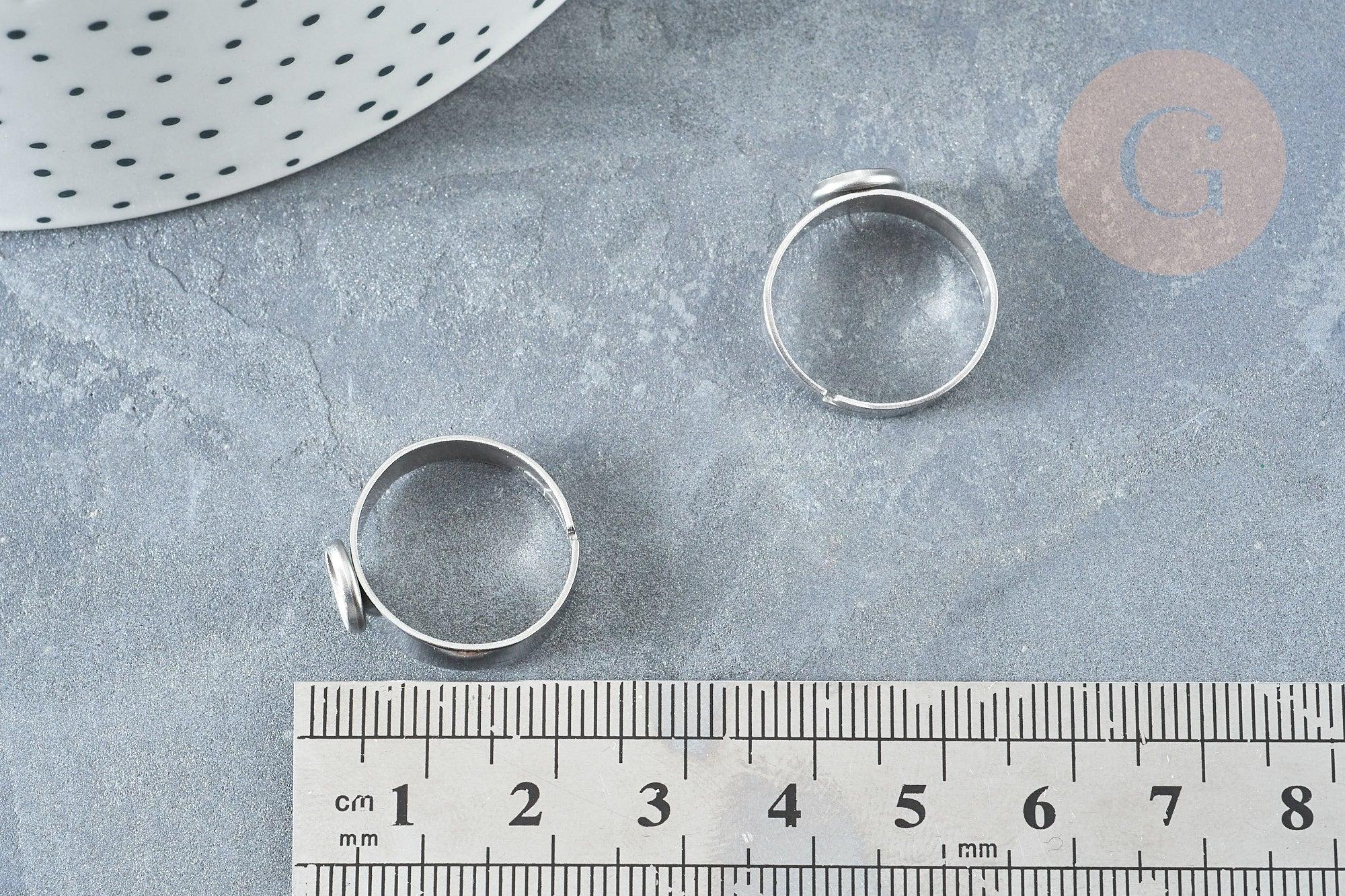 Bague réglable pour cabochon 6mm en acier platine inoxydable 17-18mm, x2 (G8227)