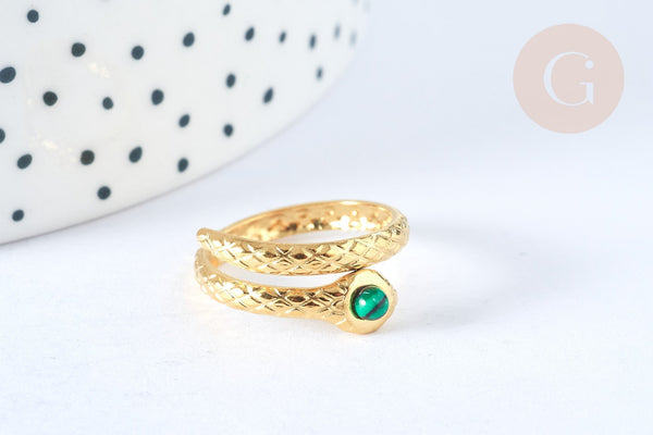Bague réglable serpent pierre de synthèse acier inoxydable doré Taille 54, x1 (G7002)