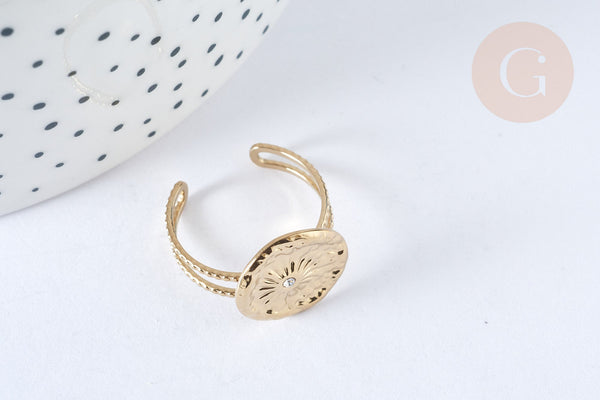 Bague réglable soleil zircon acier 304 inoxydable doré 304 Taille 54, x1 (G7016)