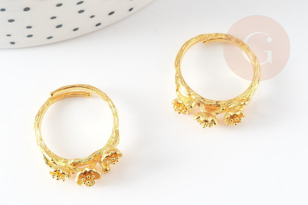 Bague réglable trois marguerites laiton doré 17mm, x1 (G0560)