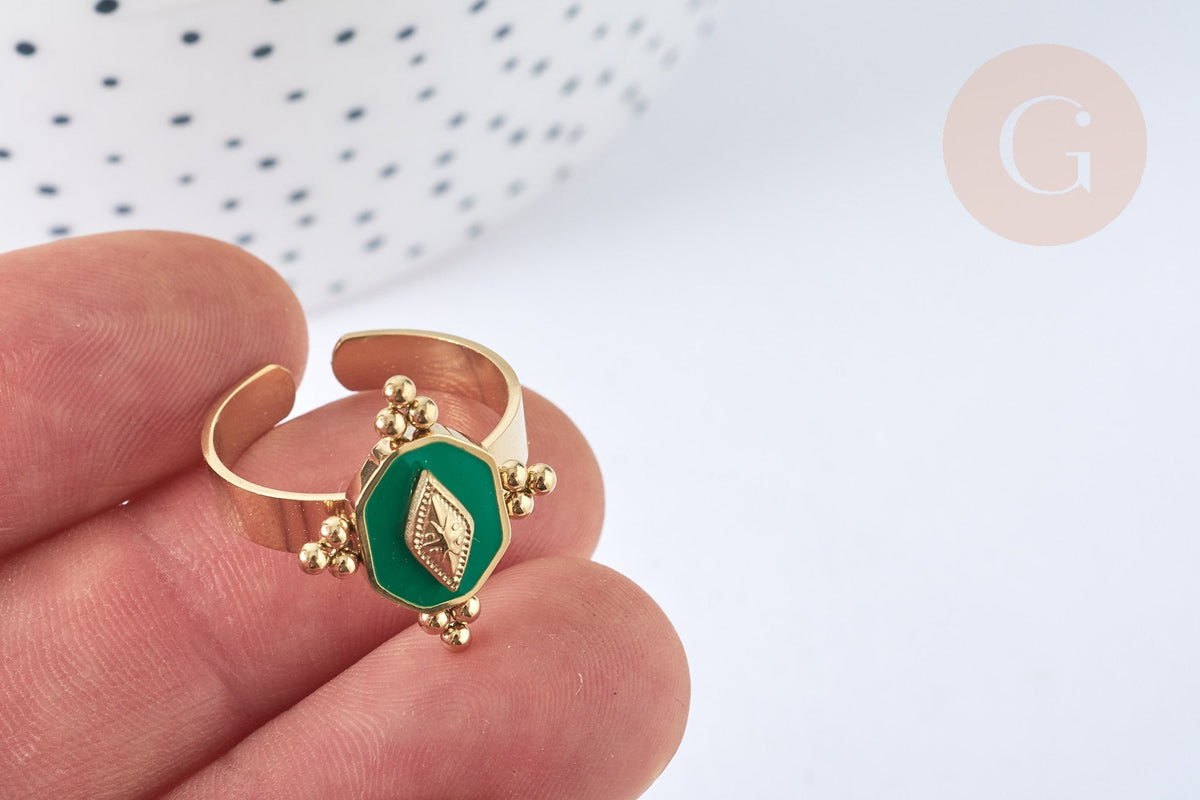 Bague réglable vintage acier inoxydable doré émail vert Taille 57, x1 (G7014)