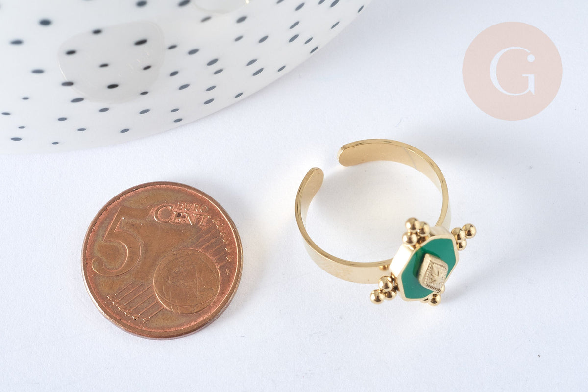 Bague réglable vintage acier inoxydable doré émail vert Taille 57, x1 (G7014)