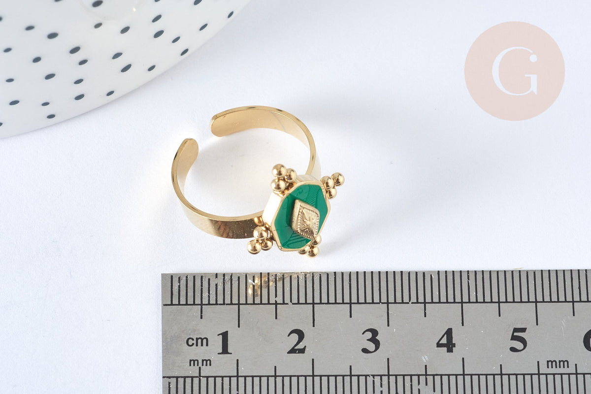 Bague réglable vintage acier inoxydable doré émail vert Taille 57, x1 (G7014)