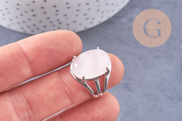 Bague réglable zamac argenté quartz rose 18mm, x1 (G5903)