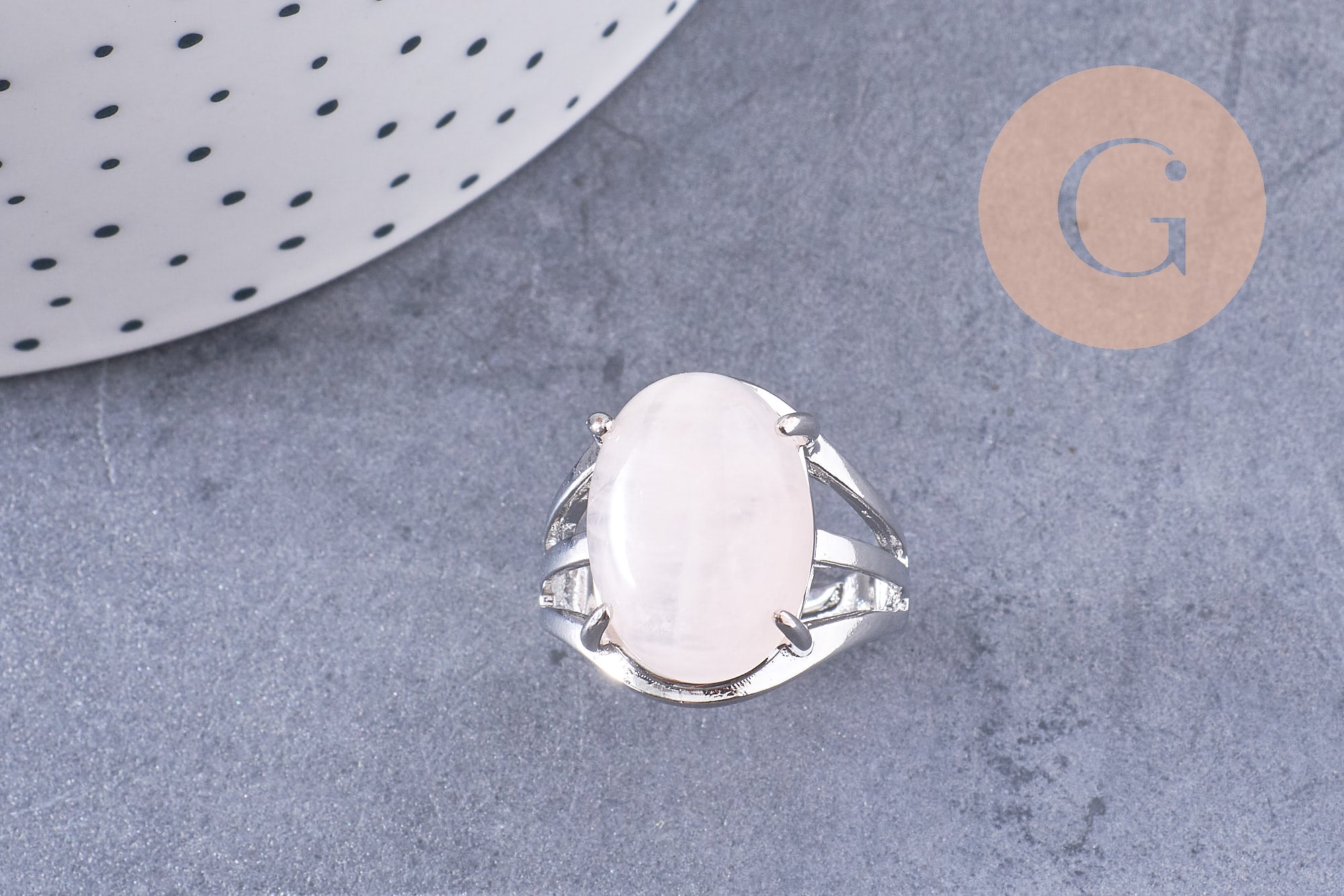 Bague réglable zamac argenté quartz rose 18mm, x1 (G5903)