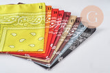 Bandanas en polyester 55cm avec motif cachemire traditionnel, disponibles en plusieurs coloris vifs et neutres.