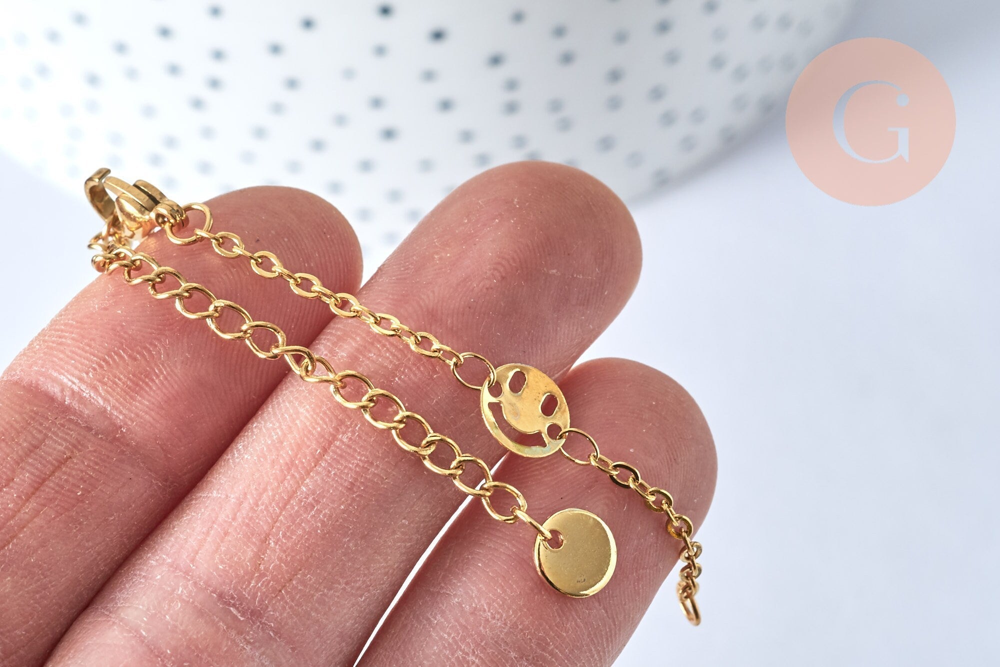 Base de bracelet ajustable maille forçat smiley fantaisie en acier doré 14k 14cm, sans nickel, bracelet en acier doré inoxydable, x1 (G5971)