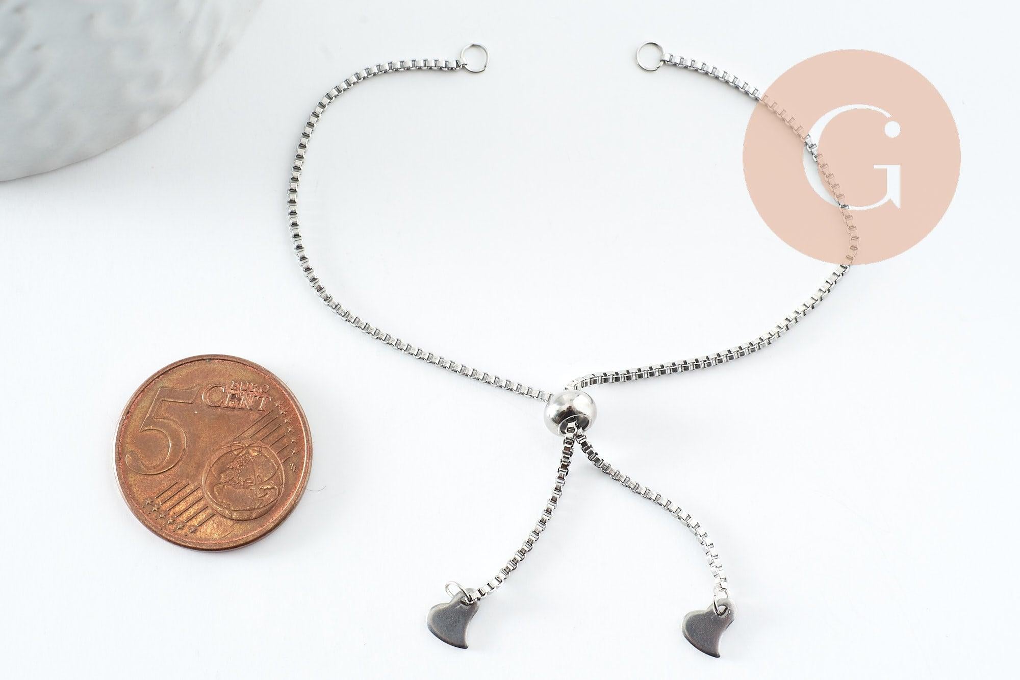 Base de bracelet chaine carré maille vénitienne réglable acier 304 inoxydable platine 1mm-21.8cm, avec frein x1 (G9495)