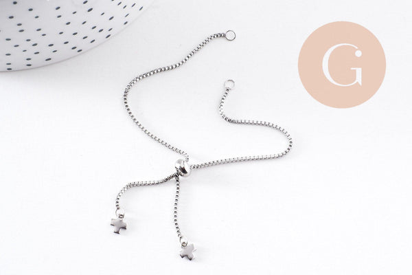 Base de bracelet chaine carré maille vénitienne réglable acier 304 inoxydable platine 1mm-21.8cm, avec frein x1 (G9495)