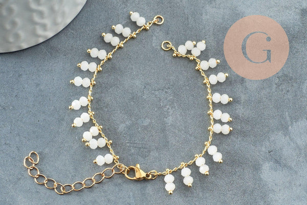 Base de bracelet chaine cheville laiton doré et perles verre blanche 16.2cm, x1 (G9635)