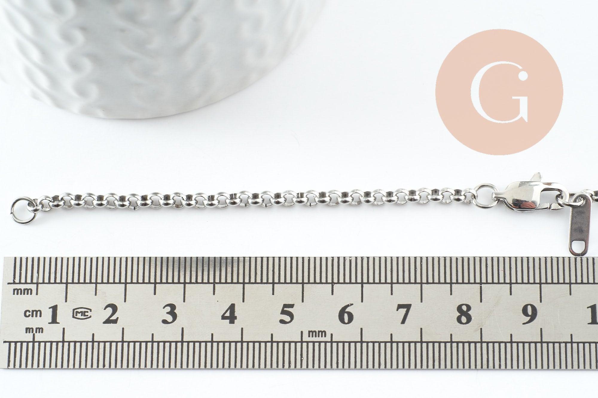 Base de bracelet chaine rolo acier 304 inoxydable platine 3mm-16.5cm, x1 (G9484)