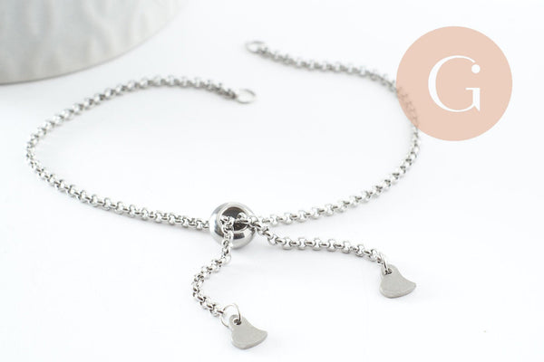 Base de bracelet chaine rollo réglable acier 304 inoxydable platine 25cm, x1 (G9496)