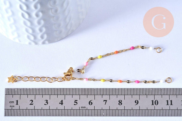 Base de bracelet fin acier inoxydable doré 14k résine multicolore rose avec anneaux 16.5mm, x1 (G5807)