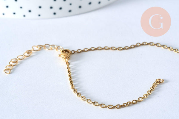 Base de bracelet fine maille acier 304 inoxydable doré 14k avec anneaux 18cm, x1 (G5436)