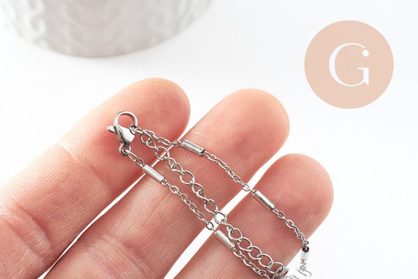 Base de bracelet fine maille tube acier inoxydable 304 platine avec anneaux 15.8mm, x1 (G9498)