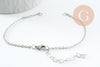 Base de bracelet maille forçat acier inoxydable 304 platine avec anneaux et chaine d'extension coeurs 18mm, x1 (G9499)