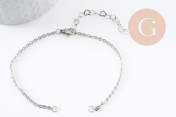 Base de bracelet maille forçat acier inoxydable 304 platine avec anneaux et chaine d'extension coeurs 18mm, x1 (G9499)