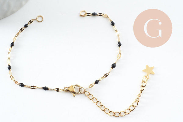 Base de bracelet réglable chaine acier 304 doré inoxydable résine noire 16.2cm, x1 (G9592)