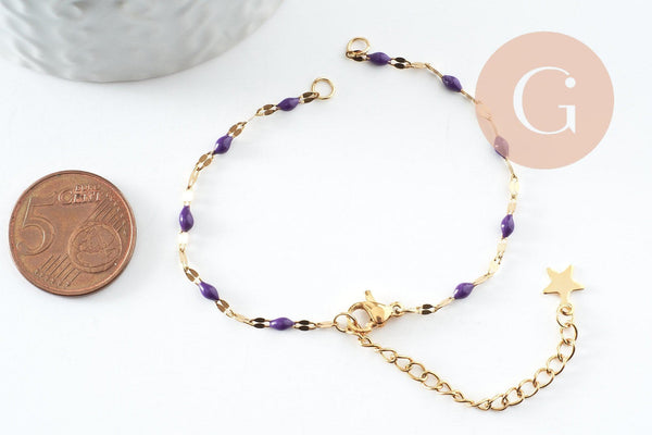 Base de bracelet réglable chaine acier 304 doré inoxydable résine violette 16.2cm, x1 (G9593)