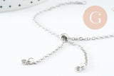 Base de bracelet réglable chaine forçat acier inoxydable platine finition zircon 2mm/ 26.6cm, x1 (G10230)