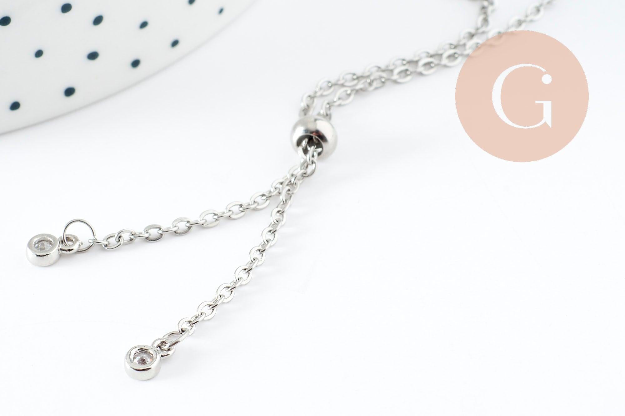 Base de bracelet réglable chaine forçat acier inoxydable platine finition zircon 2mm/ 26.6cm, x1 (G10230)