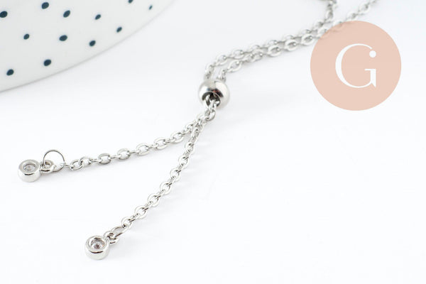 Base de bracelet réglable chaine forçat acier inoxydable platine finition zircon 2mm/ 26.6cm, x1 (G10230)