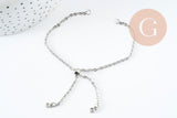 Base de bracelet réglable chaine forçat acier inoxydable platine finition zircon 2mm/ 26.6cm, x1 (G10230)