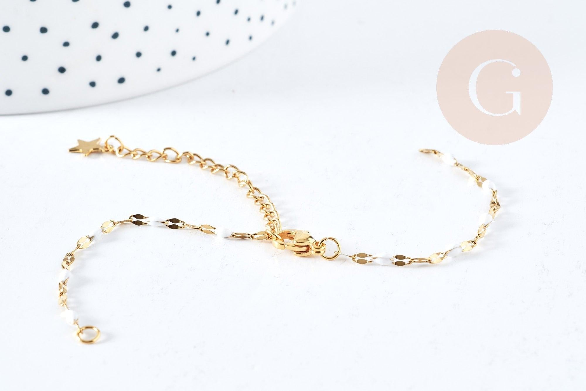 Base de bracelet réglable chaine résine blanche acier doré 14k inoxydable 16.2cm, x1 (G8623)