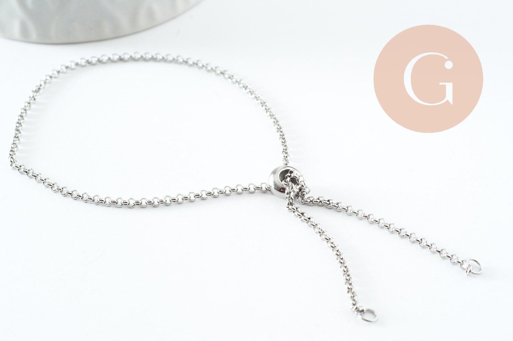 Base de bracelet réglable chaine rolo acier inoxydable platine 2mm/ 30.5cm, x1 (G9492)
