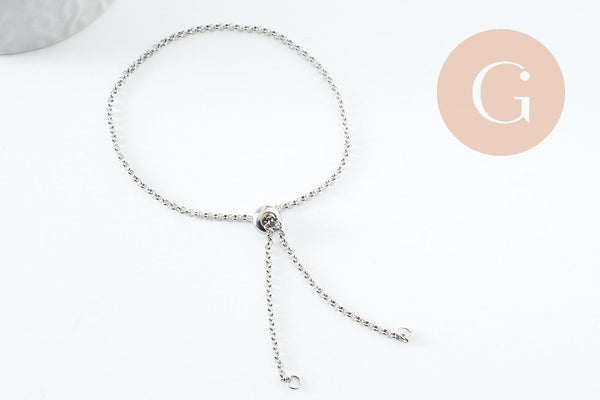 Base de bracelet réglable chaine rollo acier inoxydable platine 2mm/ 30.5cm, x1 (G9492)
