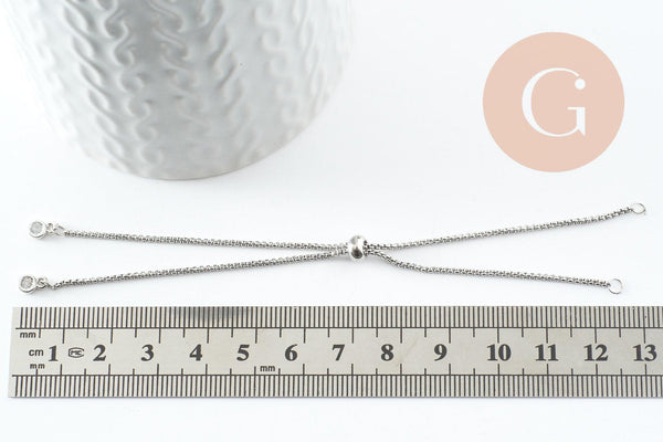 Base de bracelet réglable chaine rollo acier inoxydable platine finition zircon 1.2mm/ 26.6cm, x1 (G9493)