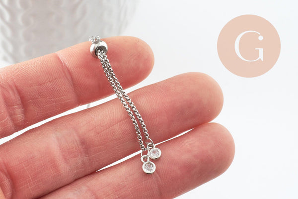 Base de bracelet réglable chaine rollo acier inoxydable platine finition zircon 1.2mm/ 26.6cm, x1 (G9493)
