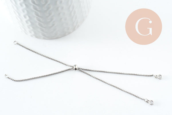 Base de bracelet réglable chaine rollo acier inoxydable platine finition zircon 1.2mm/ 26.6cm, x1 (G9493)