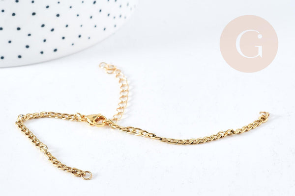 Base de bracelet réglable maille gourmette acier doré 304 inoxydable 15.5cm, x1 (G8624)