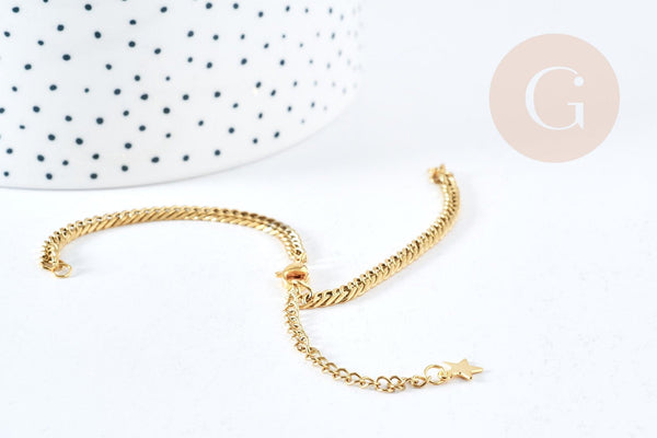 Base de bracelet réglable maille plate diamantée acier doré 304 inoxydable 16cm, acier doré inoxydable, x1 (G8625)